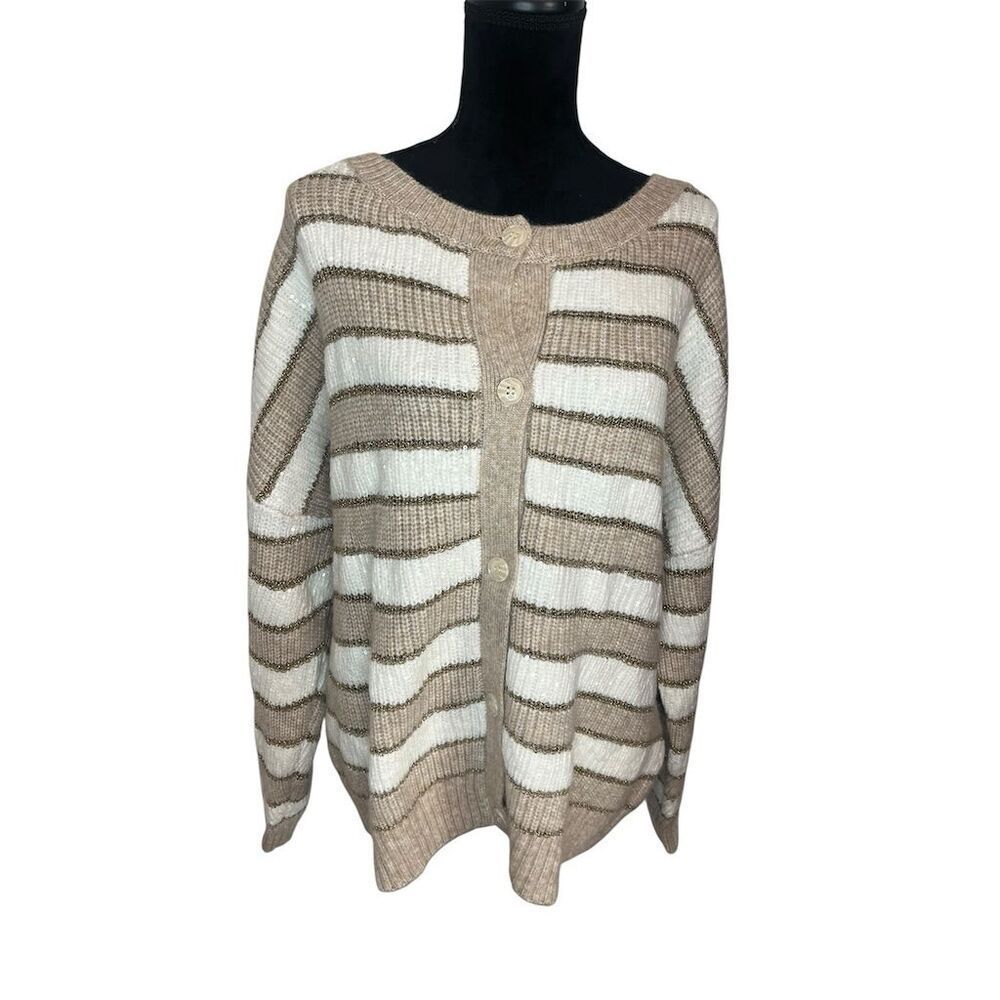 NWOT DESIGN HISTORY STRIPED‎ SEQUIN TAN/WHITE BUTTON UP KNOT SWEATER WOMENS 3X